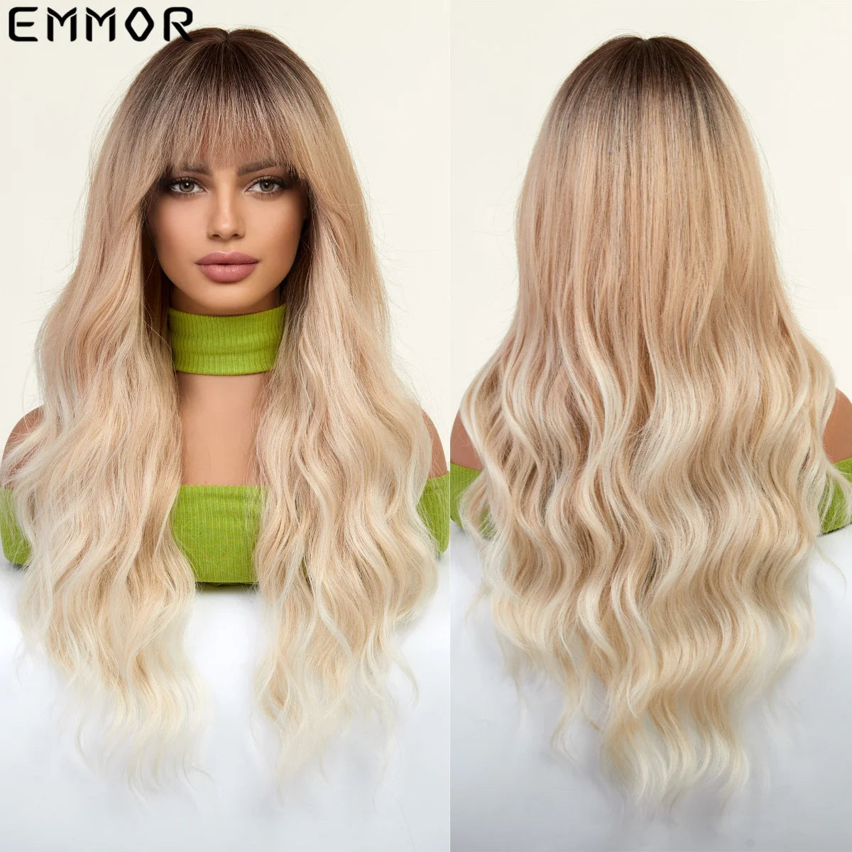 Emmor Synthetic Colorful Long Wavy Wig with Bangs for Women Cosplay Natural Highlight Brown Hair Wig High Temperature Fiber Hair