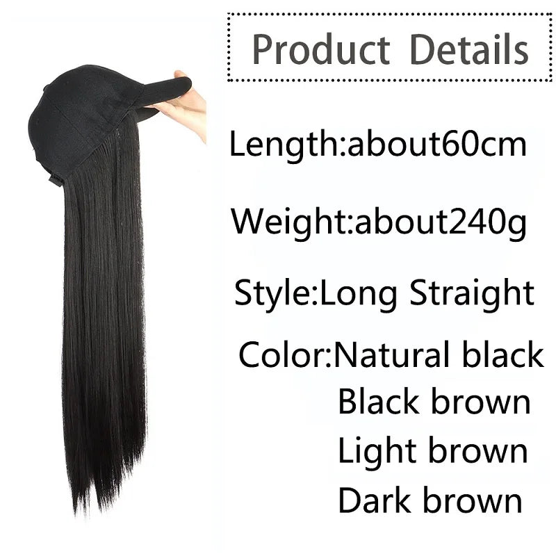 24Inch Synthetic Long Straight Baseball Hat Adjustable Wig Black Brown Hairpiece for Women