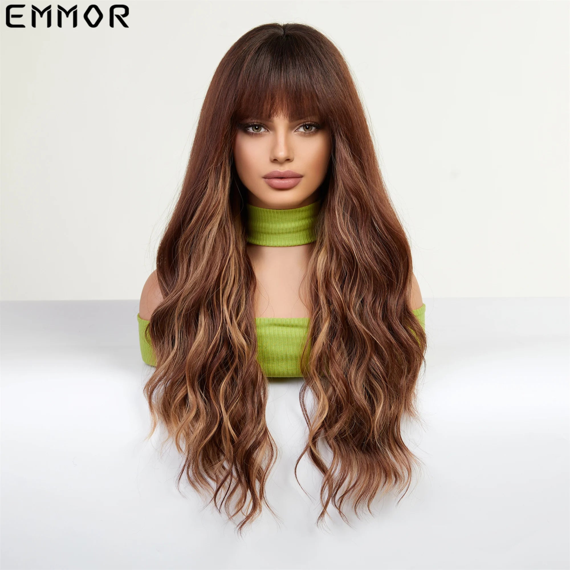 Emmor Synthetic Colorful Long Wavy Wig with Bangs for Women Cosplay Natural Highlight Brown Hair Wig High Temperature Fiber Hair