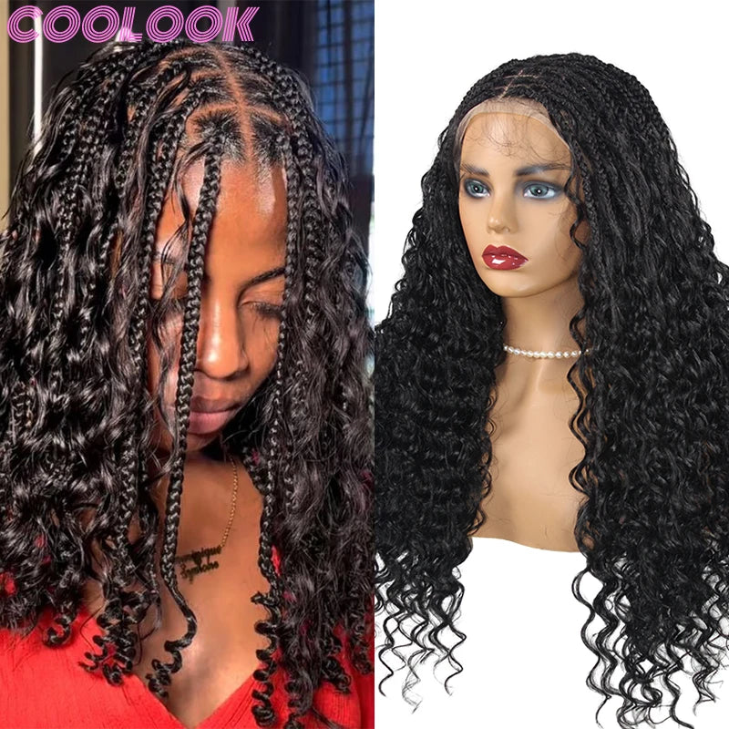 Black Full Lace 24 Inch Braided Wigs Bohemia Box Braids Synthetic Lace Frontal Wigs Deep Wave Goddess Braids Wig with Curly Ends