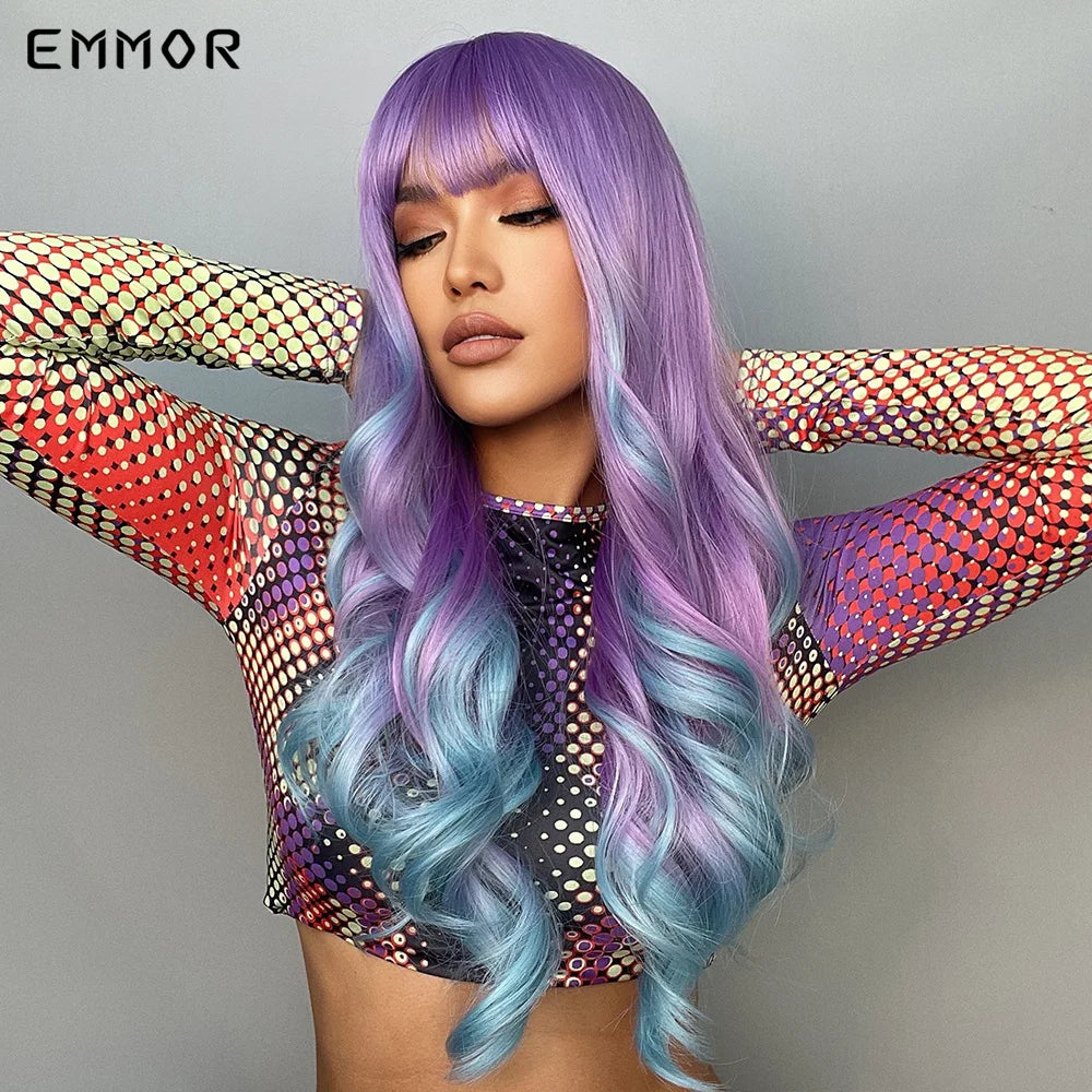 Long Wavy Wig Ombre Purple to Blue