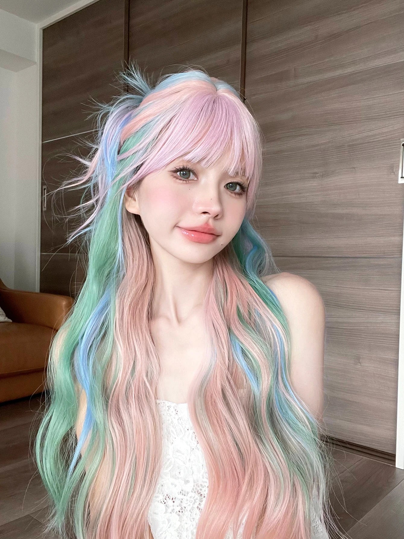 28Inch Iridescent Rainbow Color Multicolor Synthetic Wig