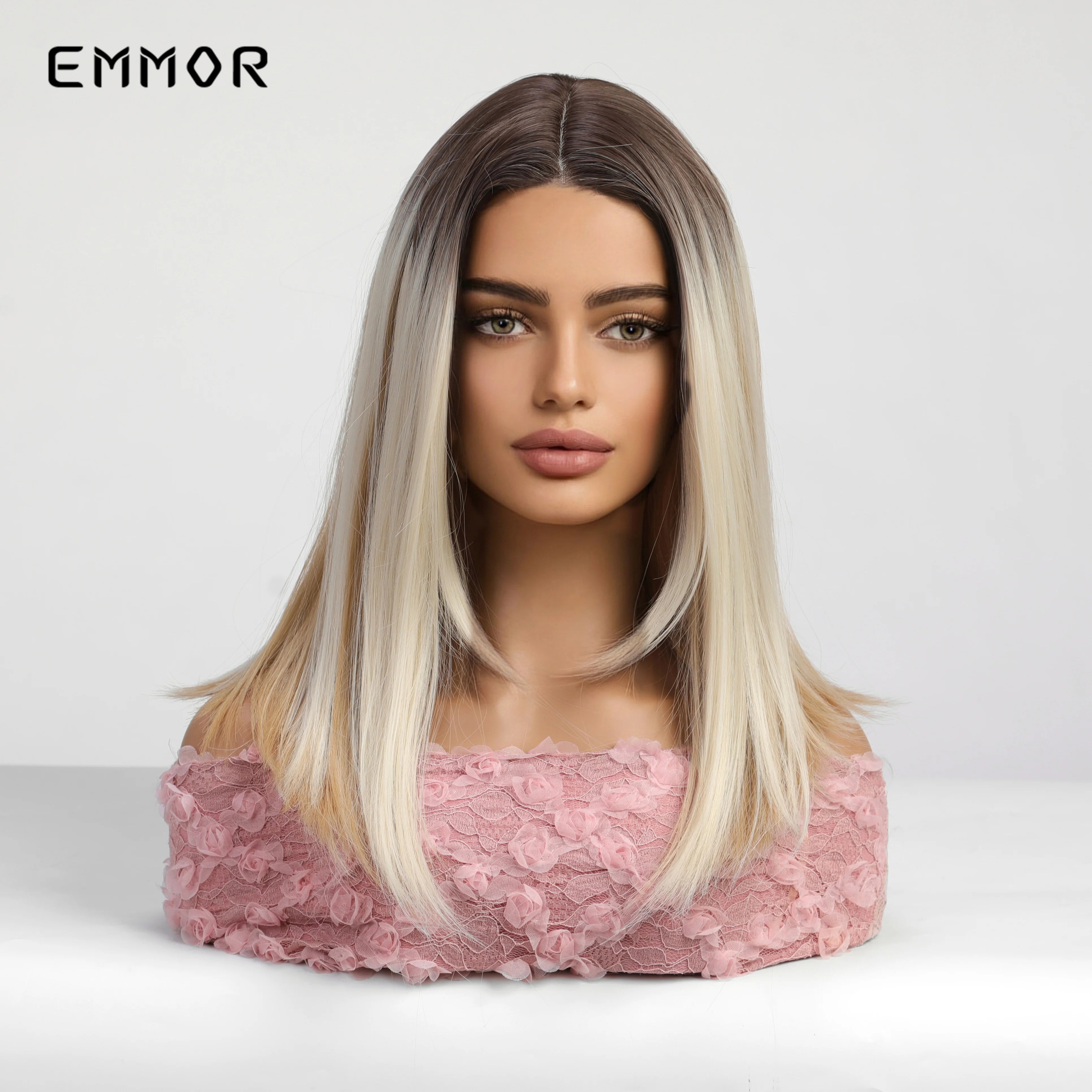 Emmor-Synthetic T-Part Lace Wig for Women, Long Wavy Ombre, Light Blonde to Brown, Fashion Side Part Nature, Daily Wigs