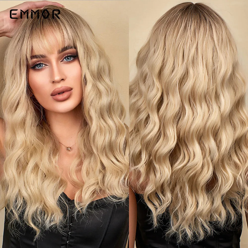 Ombre brown to Light Blonde Hair Wig with Bangs
