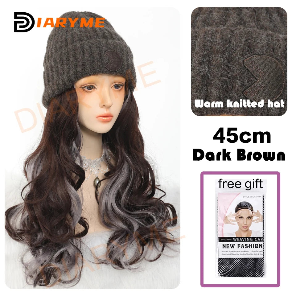 Beanie Hat Wig Knit Hat with Hair for Women Girls Synthetic Long Wavy Hair Extension for Winter Hairpieces Attached Knitted Hat