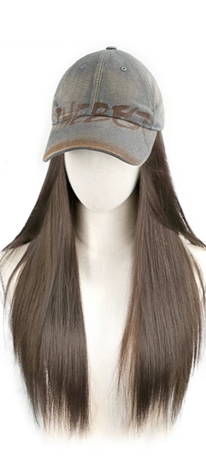 Long Straight Black Wig With Baseball Cap