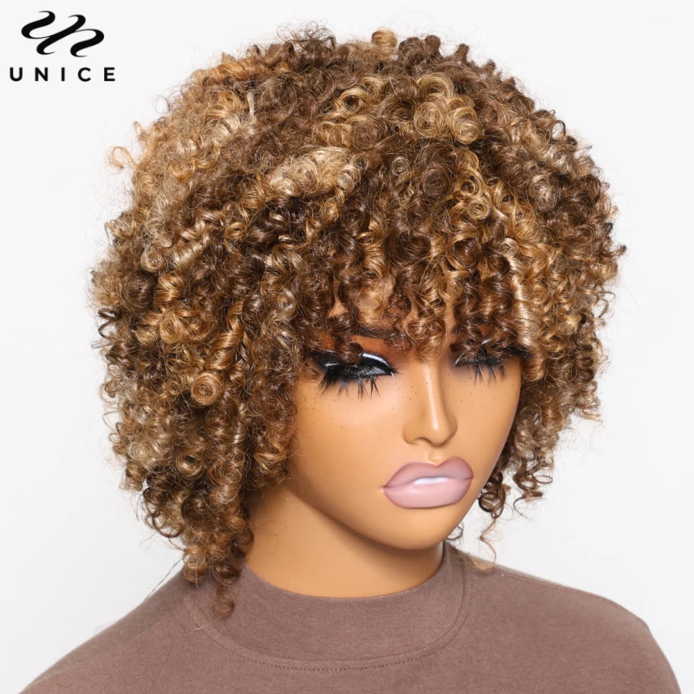 Blonde Highlight Kinky Curly Wig With Bangs 100% Human Hair Short Bob Wigs Full Machine Made Afro Wig150% Density