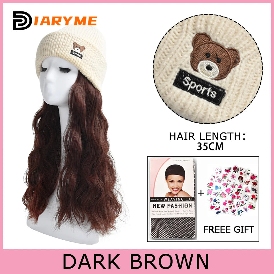 Synthetic Knitted Hat Wig Beanies Hat With Hair Wig