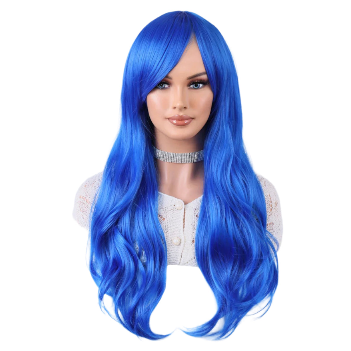 Blue wig with bangs long curly wig Heat resistant fiber synthetic wig