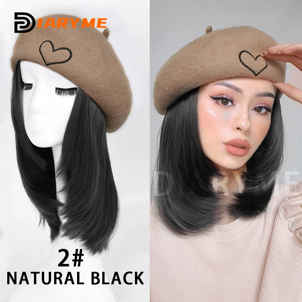 Straight Bob Hair Wig With Cap Beret Hat Wigs