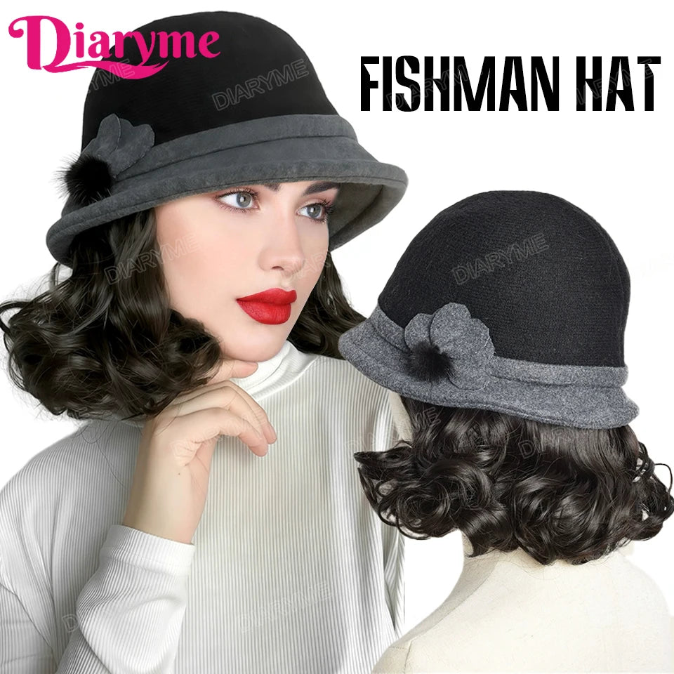 Hat Wig Women's Fashion Synthetic One-piece Bow Fisherman's Hat Wig Lazy Thick Warm Wool Short Curly Hair With Hat For Women Mom
