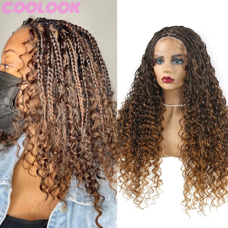 Black Full Lace 24 Inch Braided Wigs Bohemia Box Braids Synthetic Lace Frontal Wigs Deep Wave Goddess Braids Wig with Curly Ends