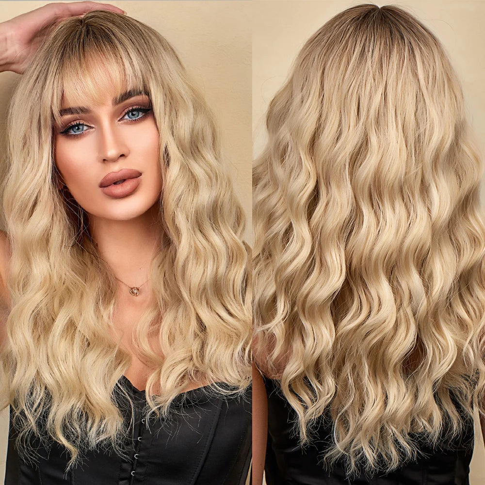 Ombre brown to Light Blonde Hair Wig with Bangs