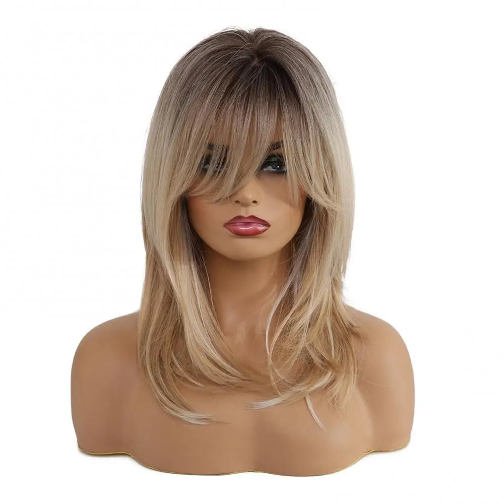 Women Synthetic Wigs Gradient Light Golden Sideswept Bangs Curly Wig Decorative Glossy Shoulder Length Hairpiece For Female