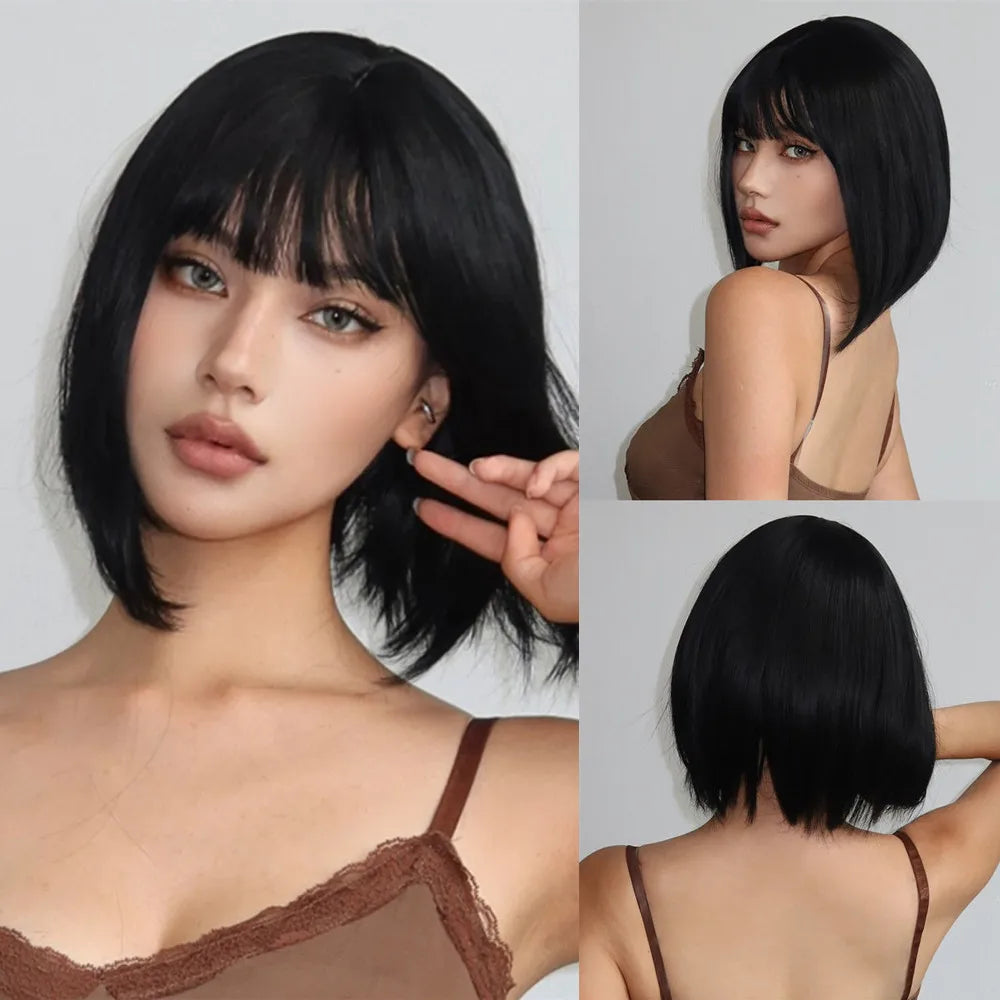 Blonde Layered Synthetic Wigs with Bangs Straight Short Highlights  Wig