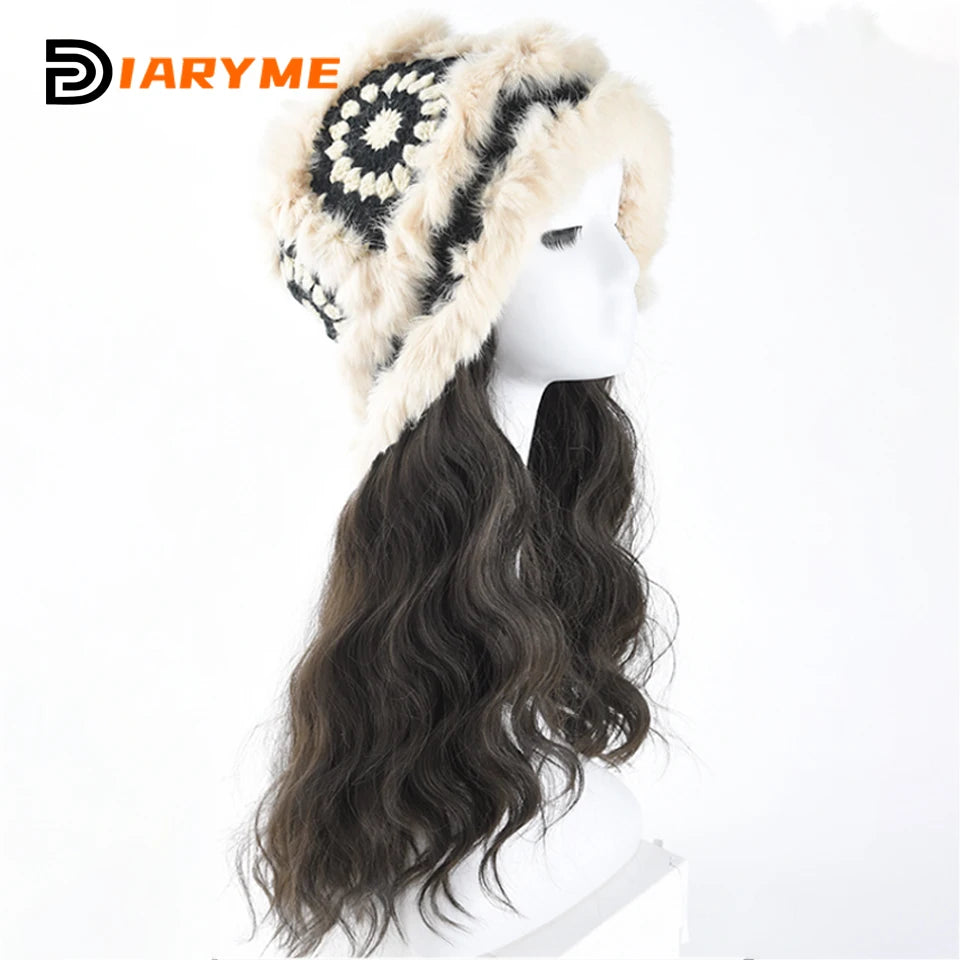 Synthetic Knitted Hat Wig Beanies Hat With Hair Wig
