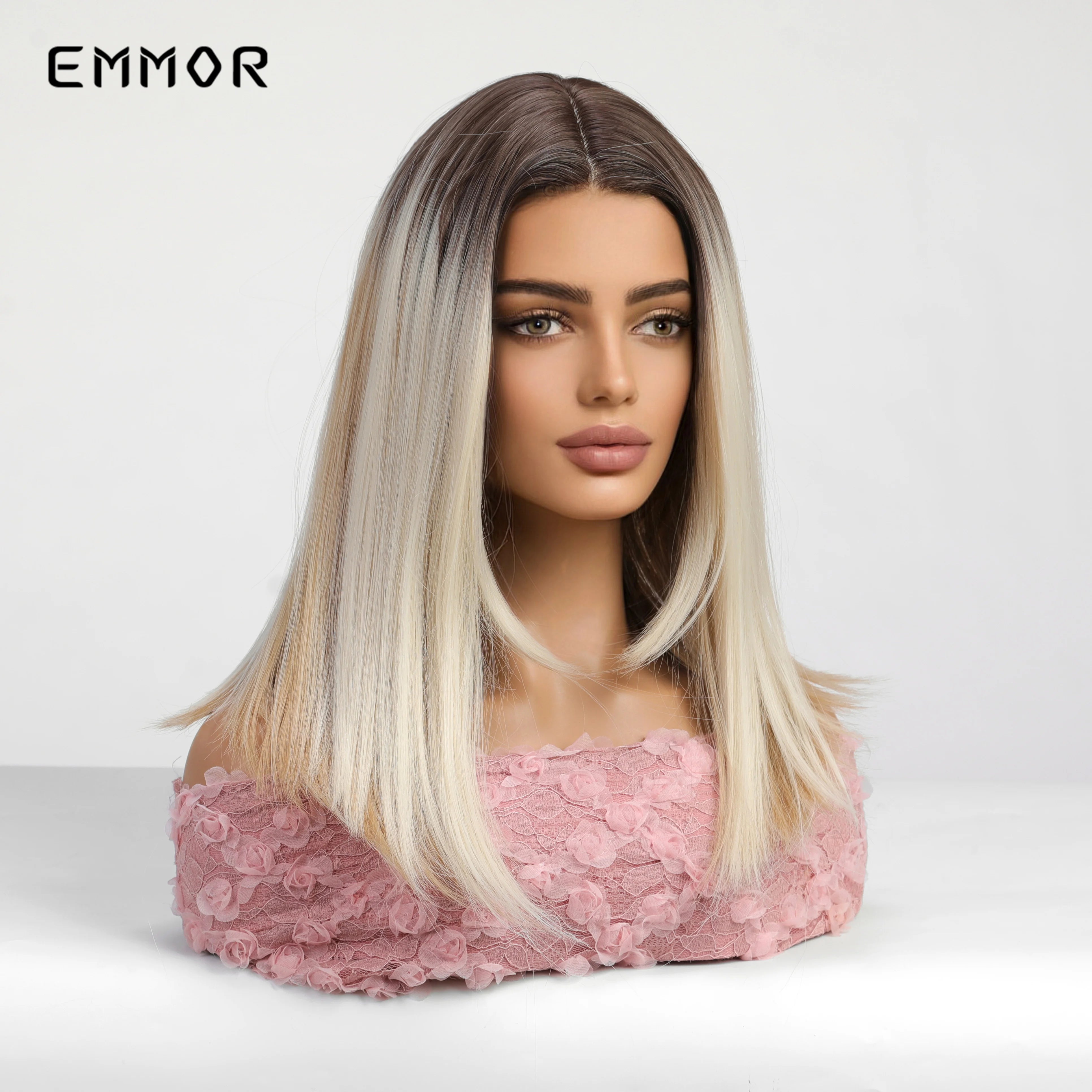 Emmor-Synthetic T-Part Lace Wig for Women, Long Wavy Ombre, Light Blonde to Brown, Fashion Side Part Nature, Daily Wigs