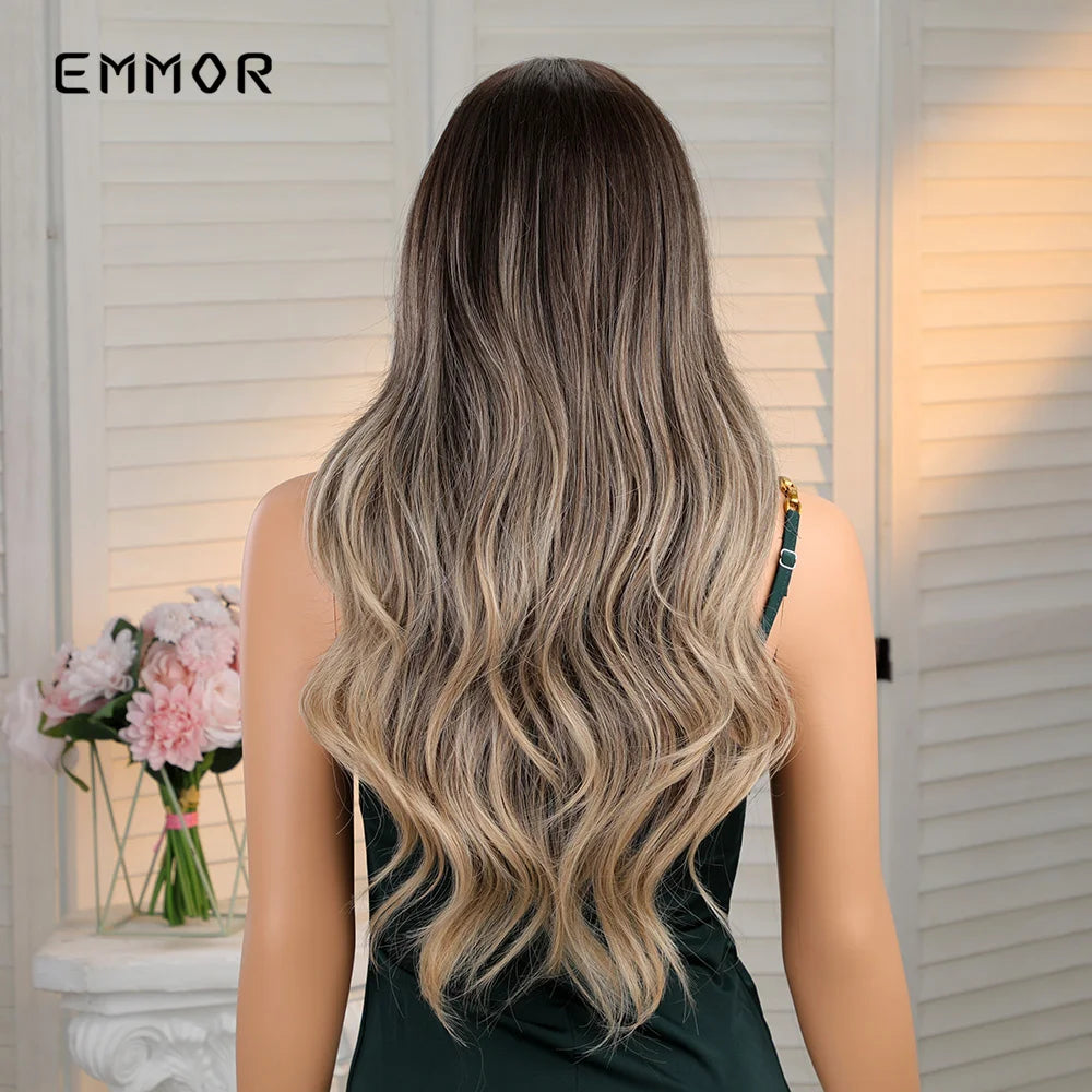 Emmor Ombre Brown Blonde Hair Wig Long Wavy Wigs for Woman Cosplay Natural Good Quality Synthetic WIg High Temperature Fiber