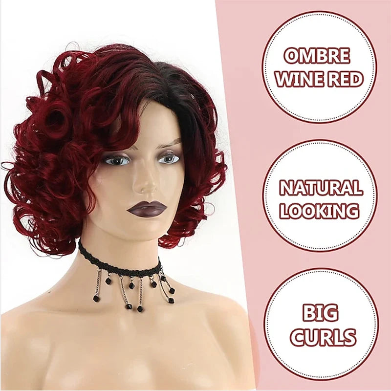 Short Burgundy Curly Wigs