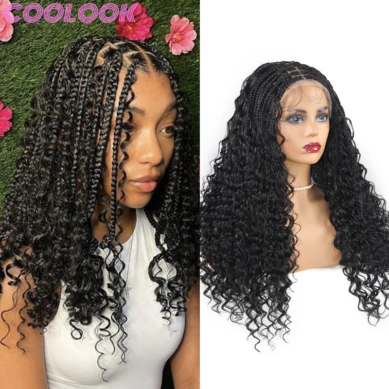 Black Full Lace 24 Inch Braided Wigs Bohemia Box Braids Synthetic Lace Frontal Wigs Deep Wave Goddess Braids Wig with Curly Ends