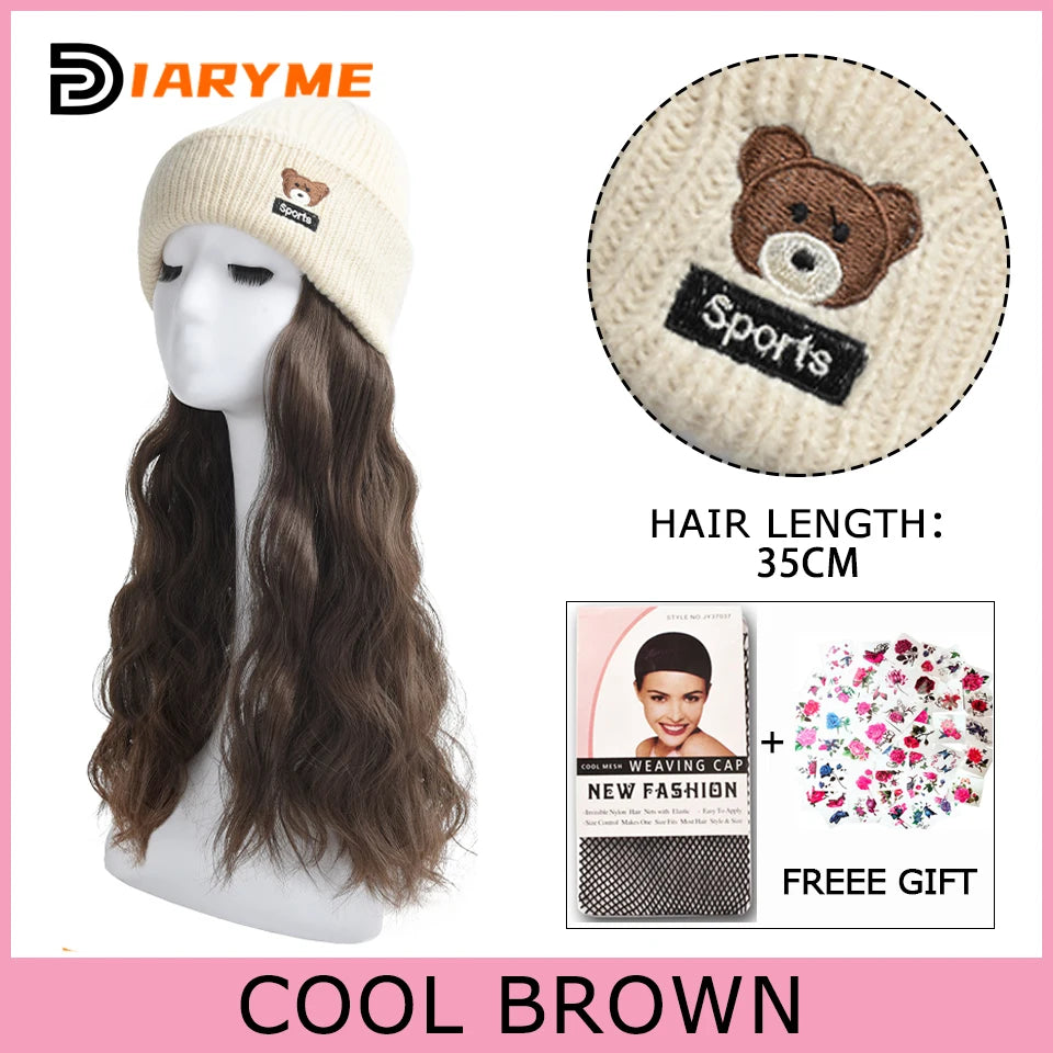 Synthetic Knitted Hat Wig Beanies Hat With Hair Wig