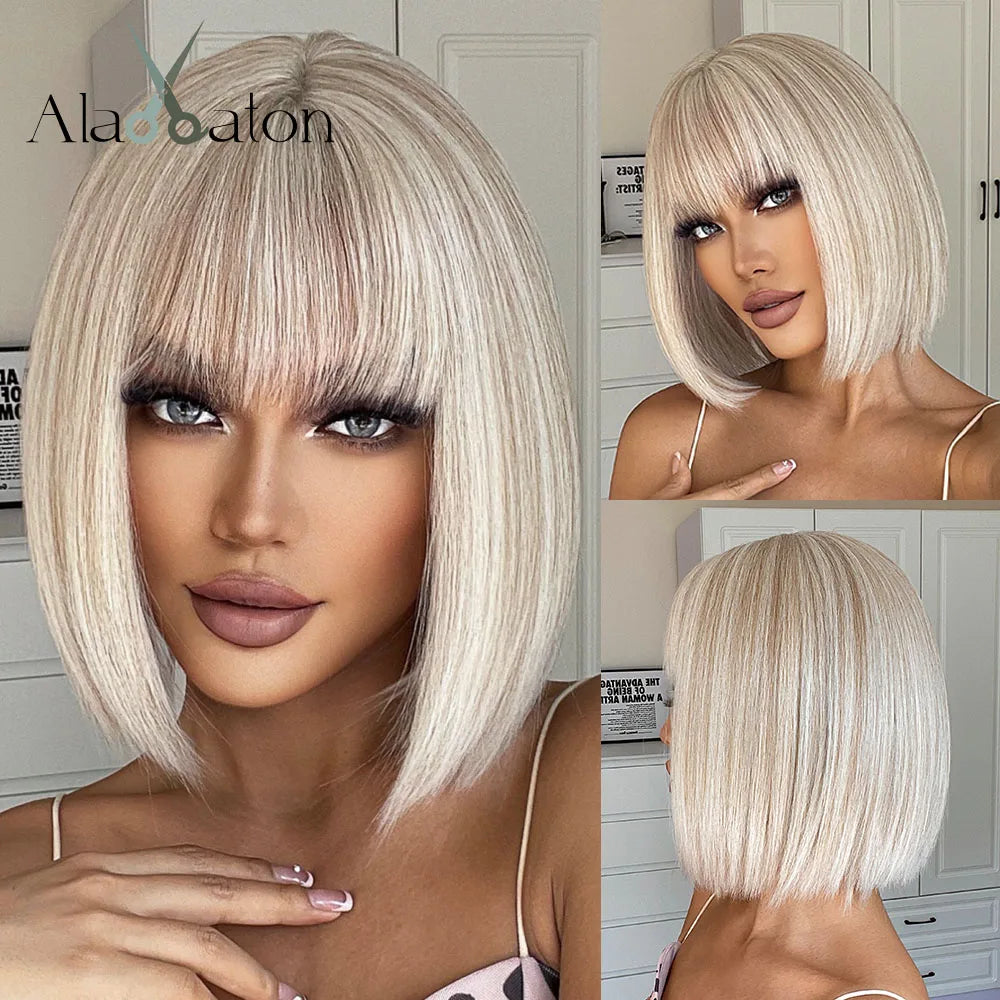 Blonde Layered Synthetic Wigs with Bangs Straight Short Highlights  Wig