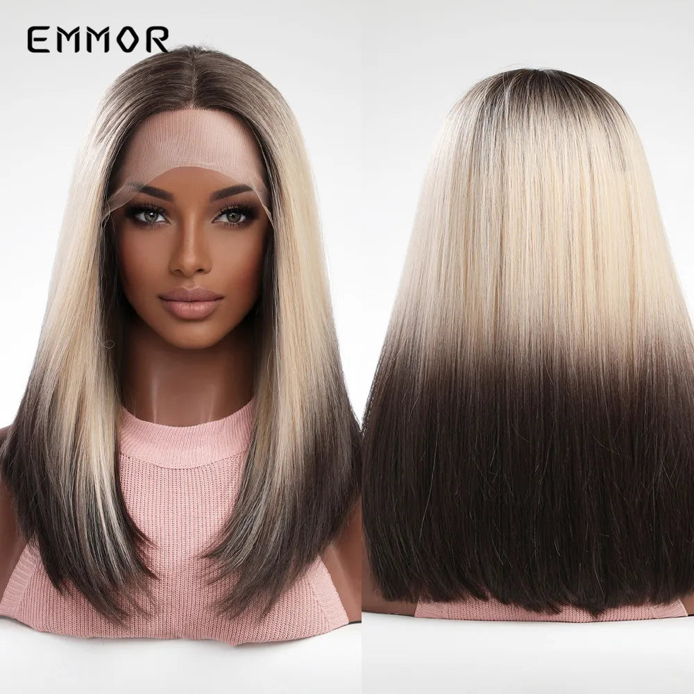 Emmor-Synthetic T-Part Lace Wig for Women, Long Wavy Ombre, Light Blonde to Brown, Fashion Side Part Nature, Daily Wigs
