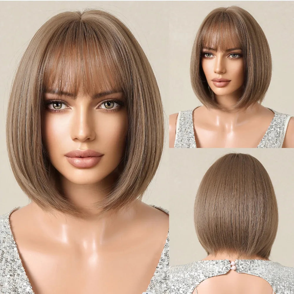 Blonde Layered Synthetic Wigs with Bangs Straight Short Highlights  Wig