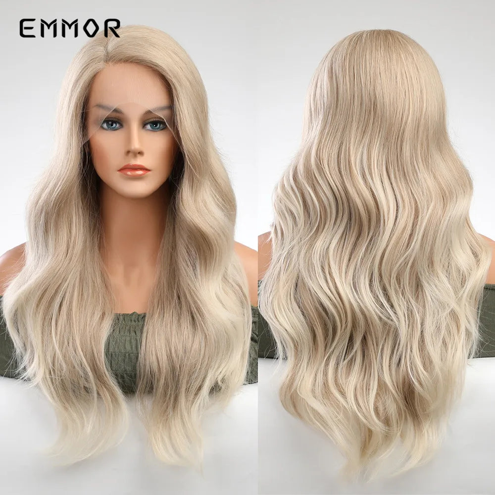 Emmor-Synthetic T-Part Lace Wig for Women, Long Wavy Ombre, Light Blonde to Brown, Fashion Side Part Nature, Daily Wigs
