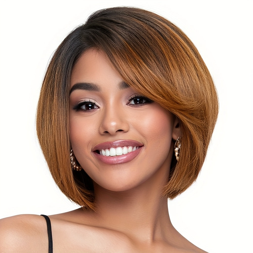 10" Yaki Straight Bob Wig for Women - Soft Synthetic Hair, Side Part, Ombre Grey to Black, Versatile for Daily or Party Use, Versatile Hairstyle | Sleek Synthetic Wig | High Temperature Fiber