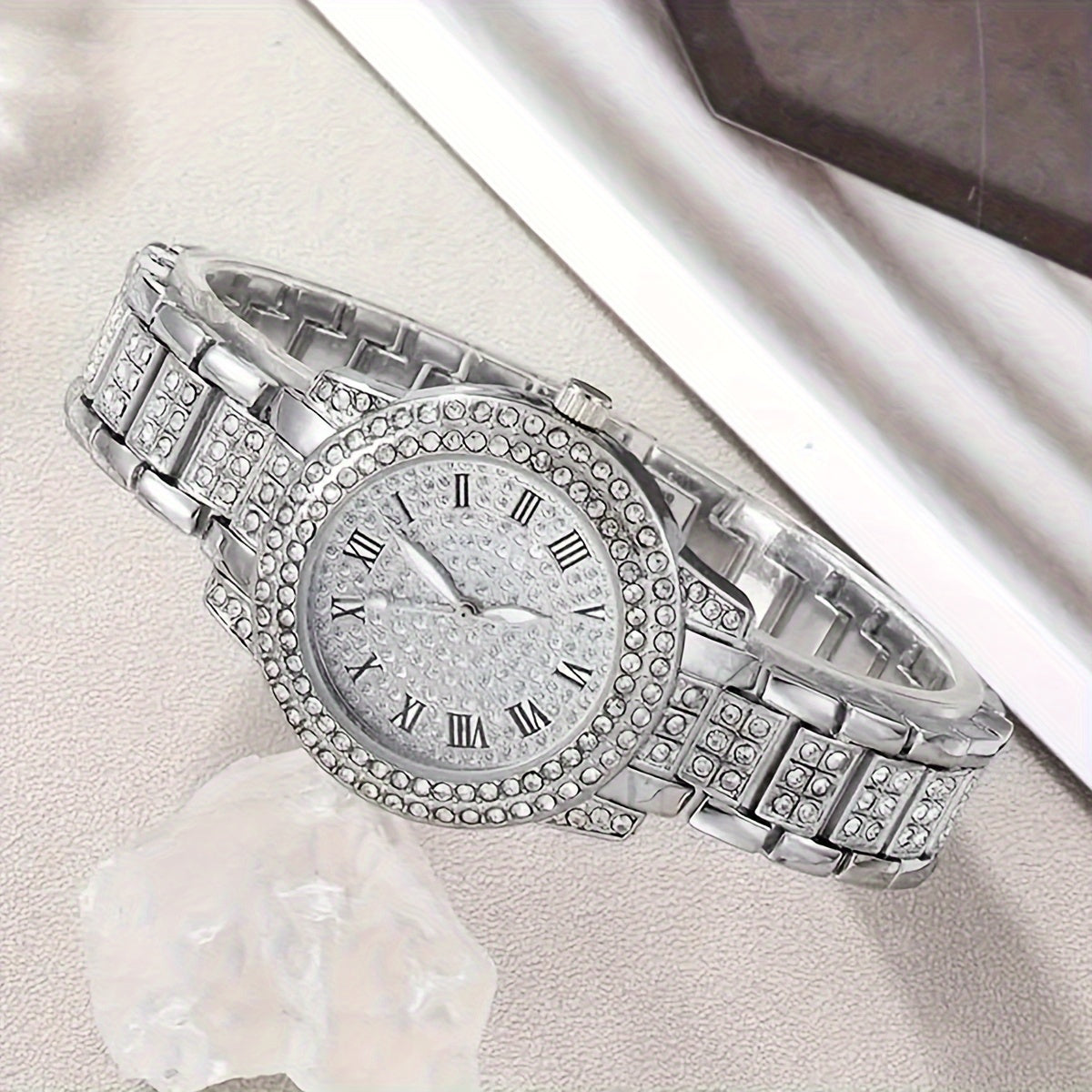 6 Round Rhinestone Quartz Watch Stainless Steel Strap