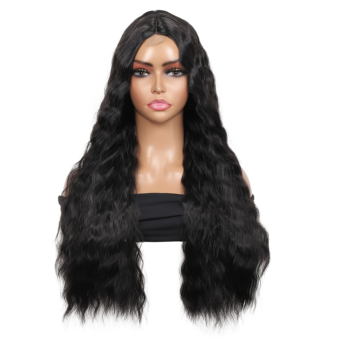 28" Long Water Wave Wig with Milk Grey & Natural Black Ombre - High-Density Synthetic Hair, Lace Front Design