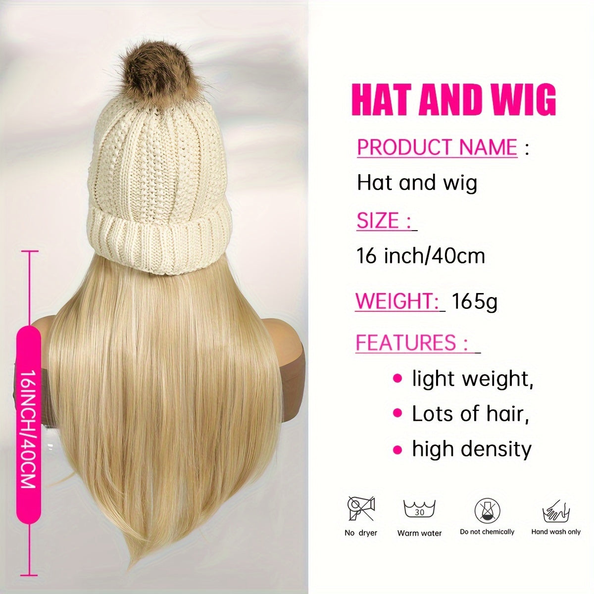 Detachable needle apricot yarn-dyed hat wig, winter thick hat 16 inches