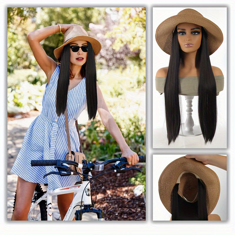 Elegant 20" Women's Long Straight Hair Wig with Fisherman Hat - Breathable, Sun-Protective & Stylish for All Occasions