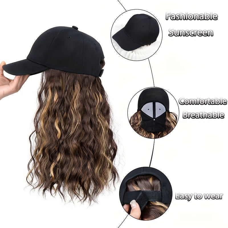 Women's Sports Style Baseball Cap Wig, Water Wave Curly Short Bob