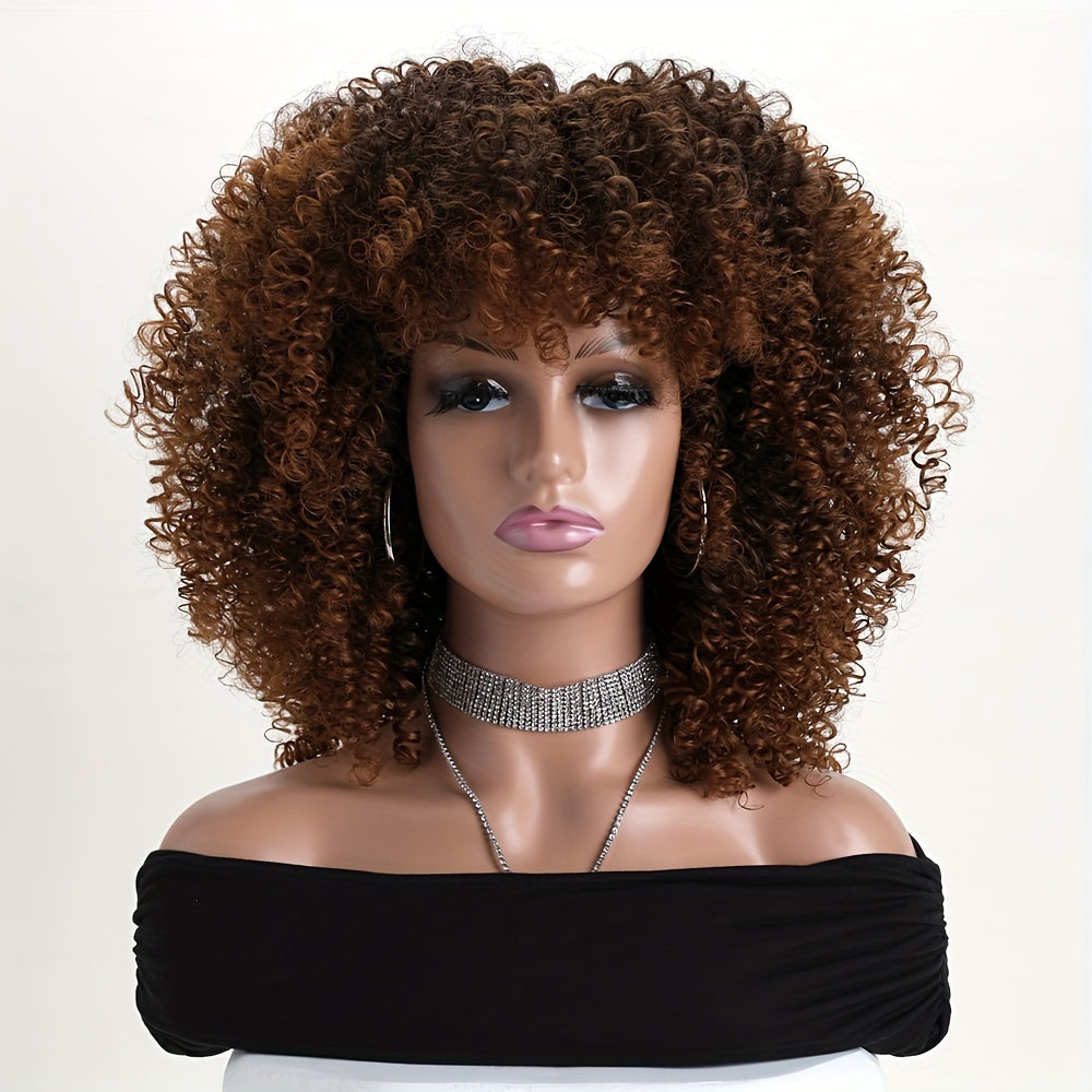 16-Inch Short Curly Natural African Small Curly Brown Gradient Light Brown Wig, Women'S Fashionable And Elegant Natural Temperament High Temperature Resistant Synthetic Chemical Fiber Material, Elastic Net Wig Head Cover - Su