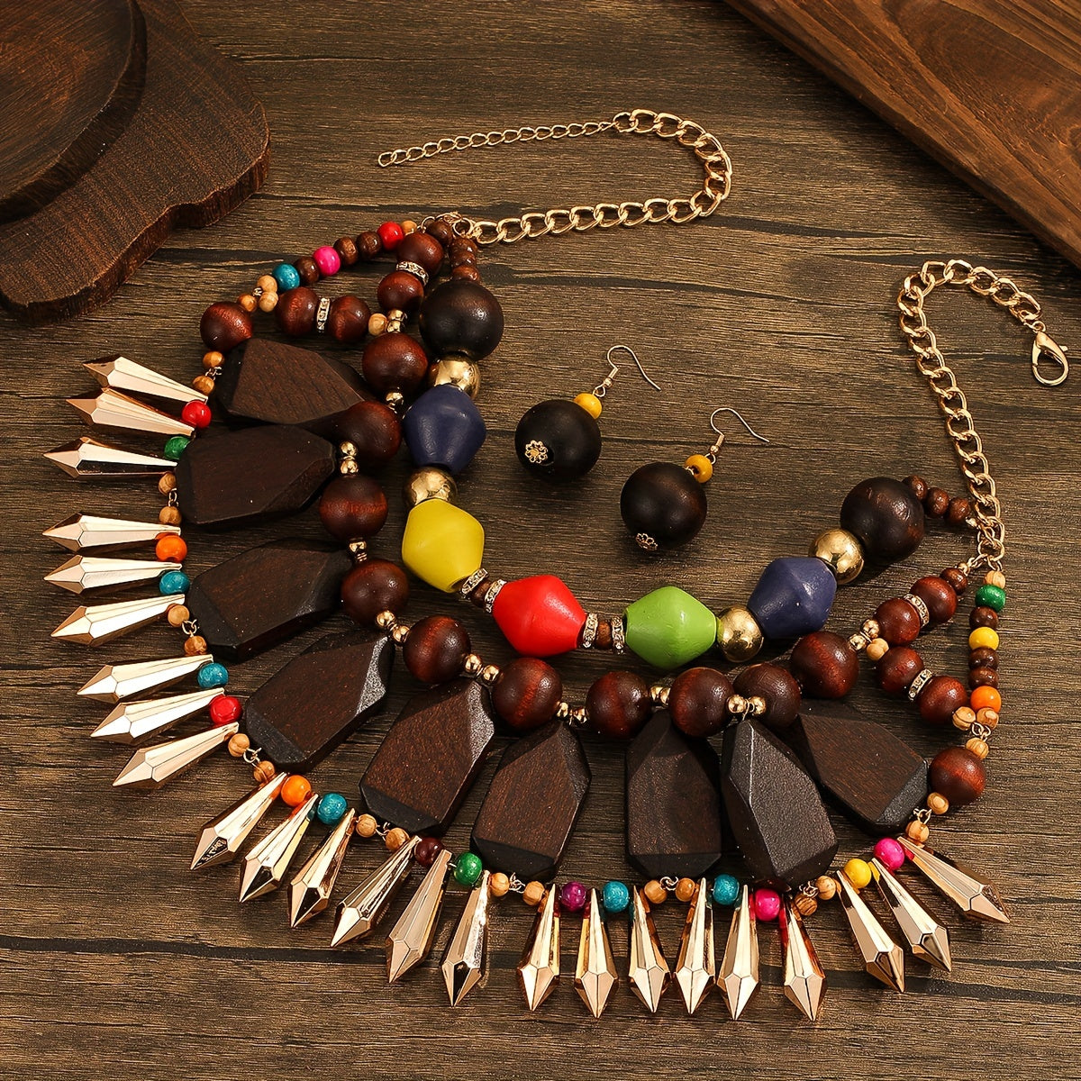 European and n fashion personality exaggerated Middle East vacation retro heavy manufacturing bohemian ball multi-layer design hand-woven wooden accessories necklace earrings 3pcs set