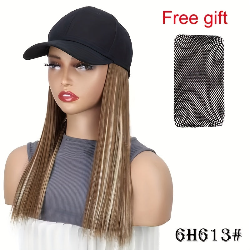 A Women'S Cross-Border Wig Baseball Cap Featuring Long Straight Hair Made of High-Temperature Synthetic Fibers, Available in Multiple Colors. This Wig Is Suitable for Outdoor Activities And Everyday Wear.