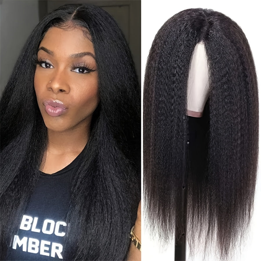 Stylish Yaki Black Baked Straight Wig - Medium Long Straight Hair, Medium Parted Straight Hair, Women'S High Density Heat Resistant Corn Silk Hair, Simulated Scalp Breathable and Soft, Suitable for All Skin Tones, Natural Loo