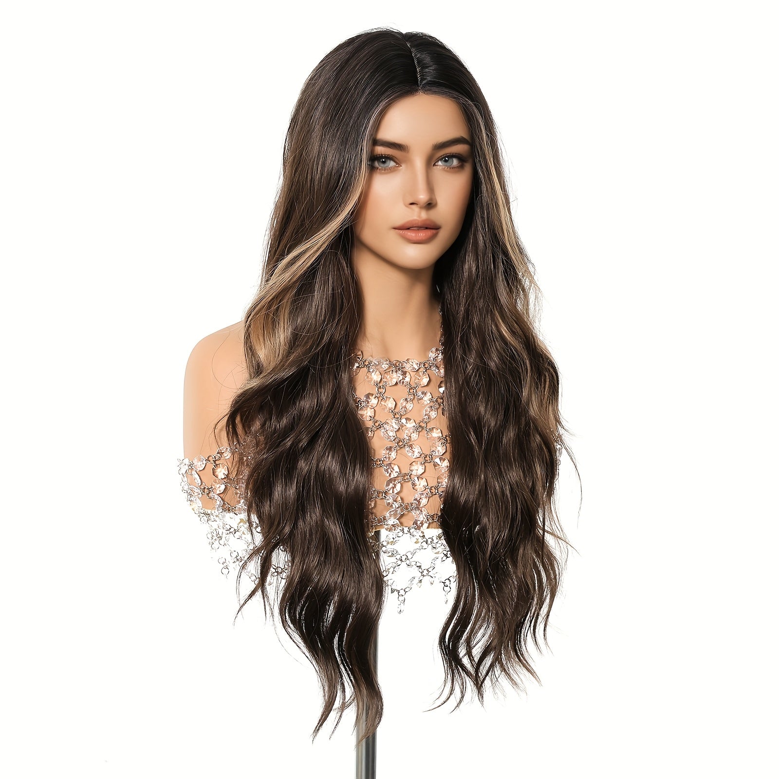 Women's 26-inch Body Wave Lace Front Wig, Highlight Brown Blonde Long Wavy Synthetic Hair