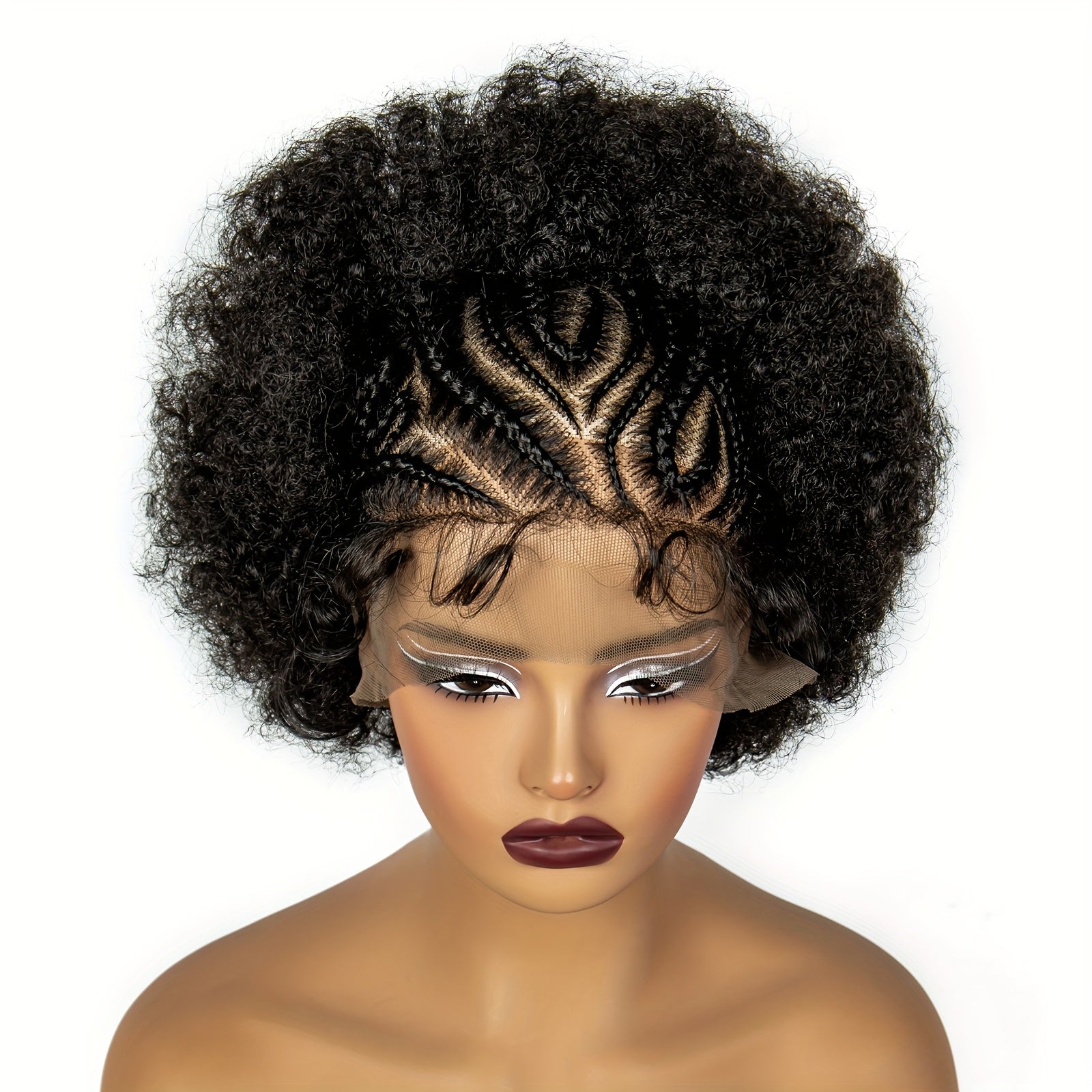 [Everyday Glam, Chic Afro Wig] Everyday Glam 13x6 Synthetic Lace Front Chic Short Afro Kinky Curly Braided Wig - Voluminous Box Braids with Floral Patterns, Ideal for Daily Use, Daily Wear Wig