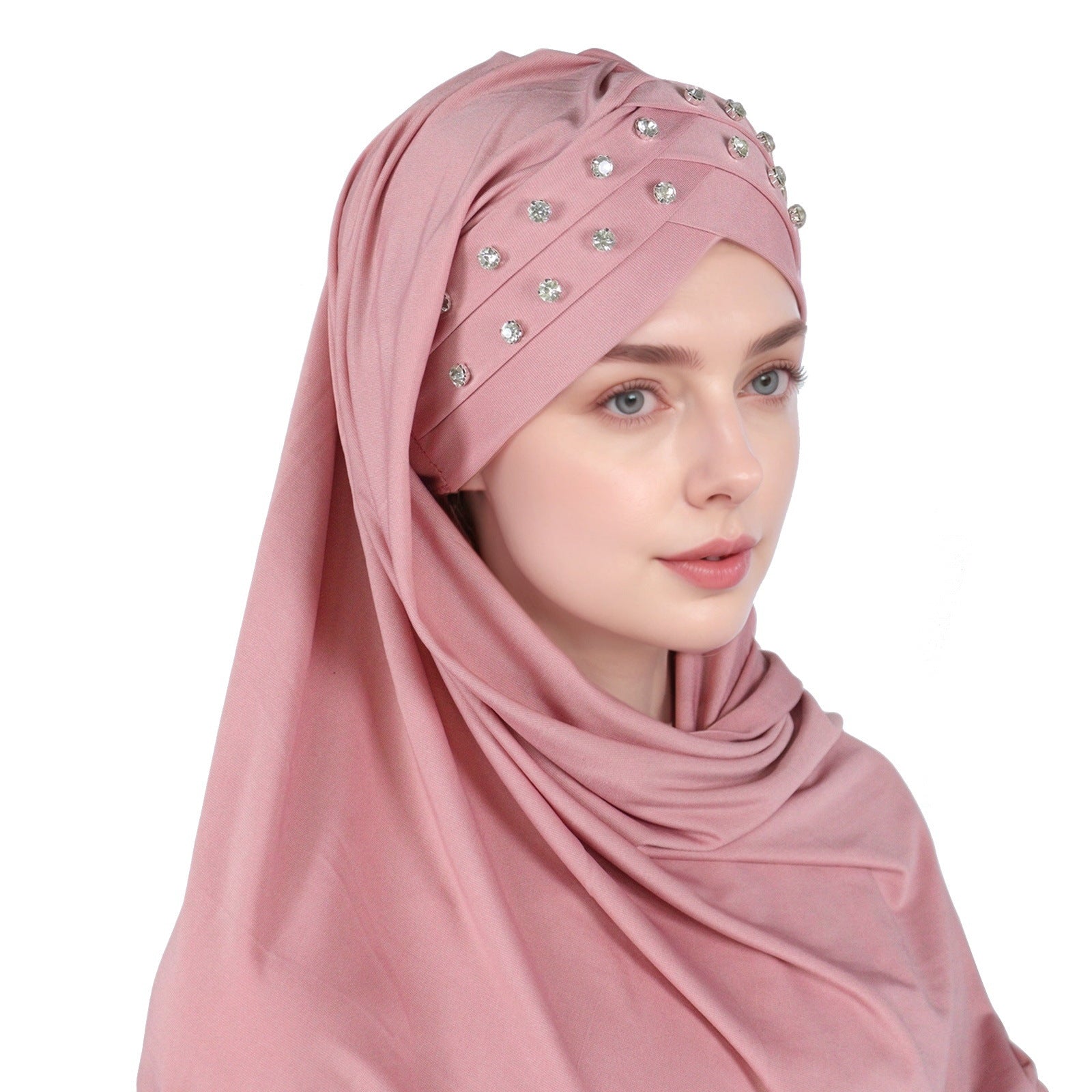 1pc Elegant Women's Polyester Hijab Scarf with Crystal Embellishments, Forehead Cross Design, Fashionable Long Shawl Head Wrap for All Seasons, Head Scarf