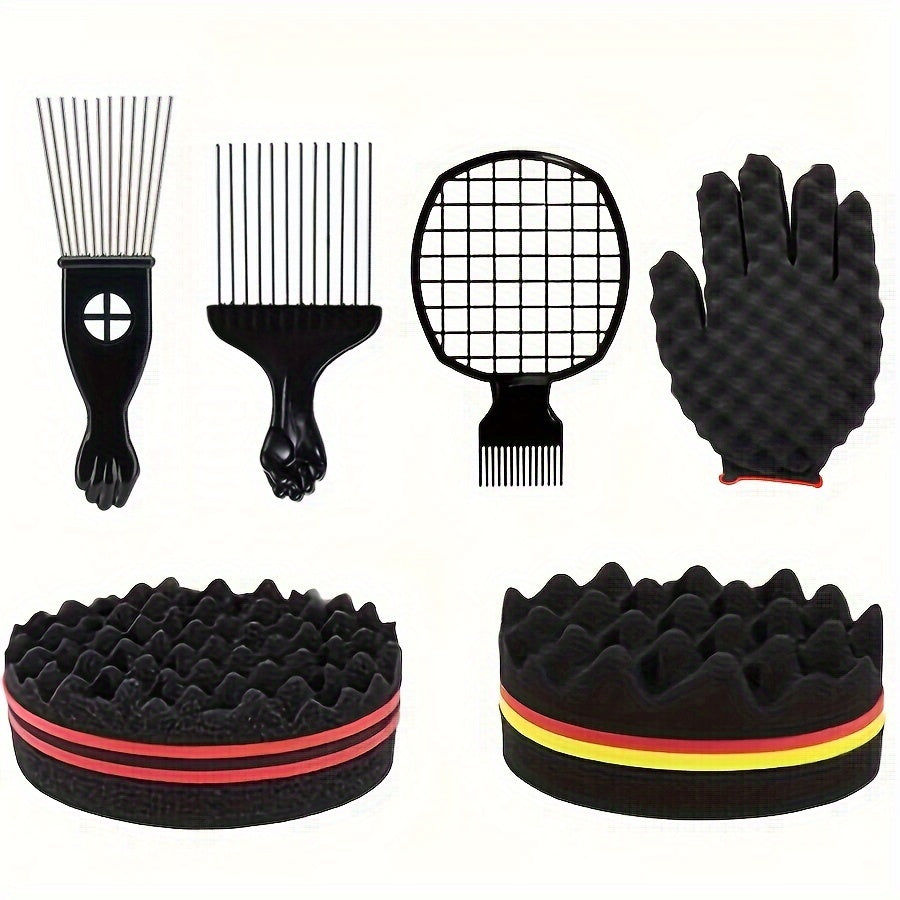 6-Piece Durable Hair Styling Comb Set: Magic Curl Sponge Glove, Afro Brush, Metal Pick, and Twist Combs for Normal Hair with ABS Handle Finishing Combs Kit