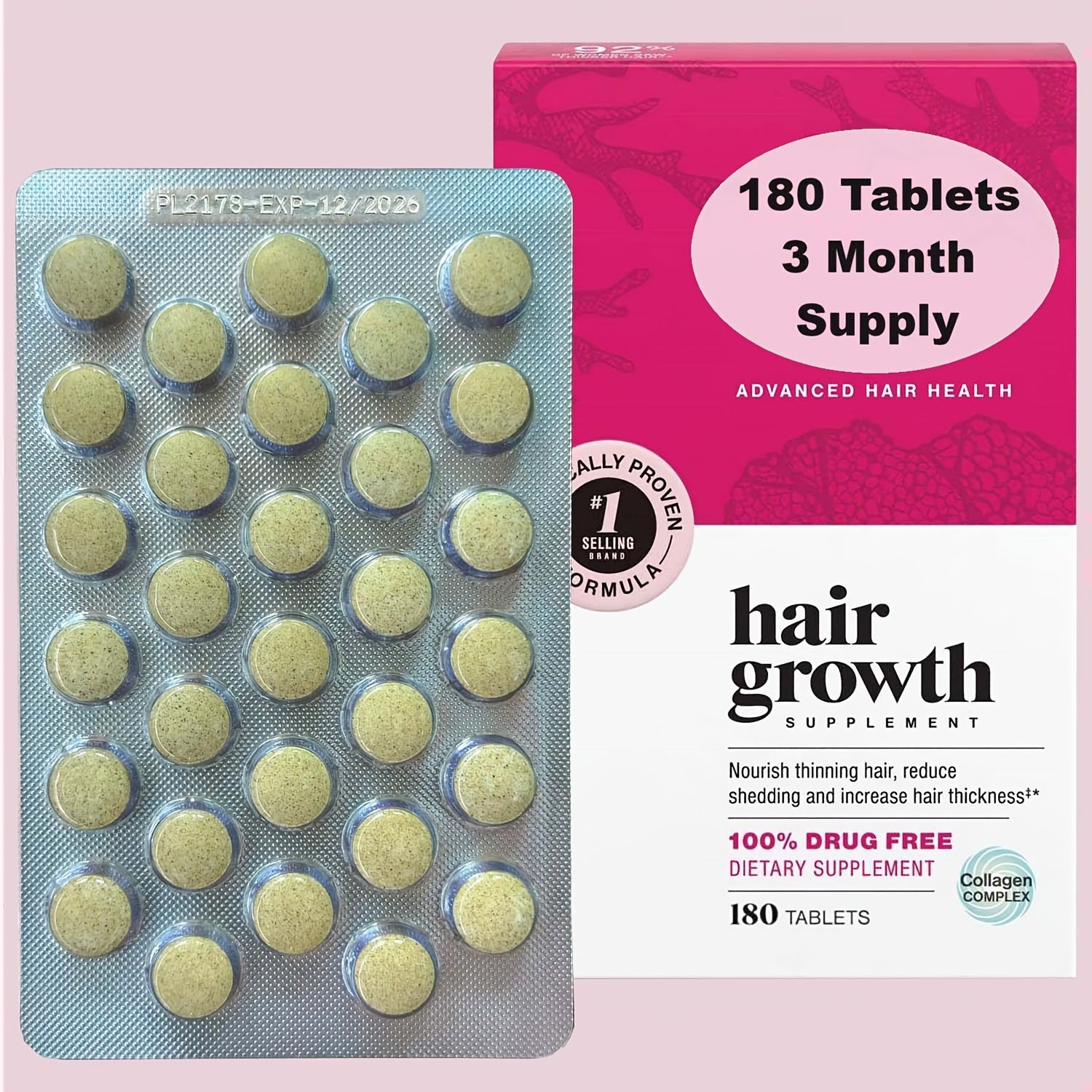 Hair Growth Supplements For Women, Hair Growth Product With Proprietary Collagen Complex, Results Of Thicker, Fuller Hair, 180 Tablets - 3 Month Supply