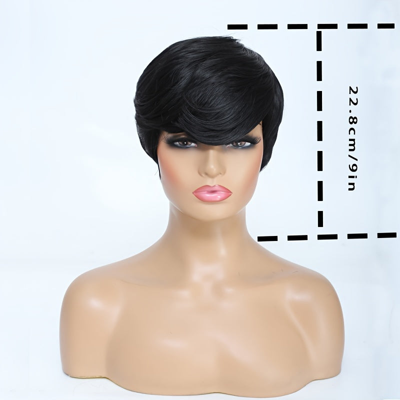 Chic Black Pixie Cut Wig for Women - Side Part, Deep Wave Synthetic Hair with Bangs, Heat Resistant, 200% Density