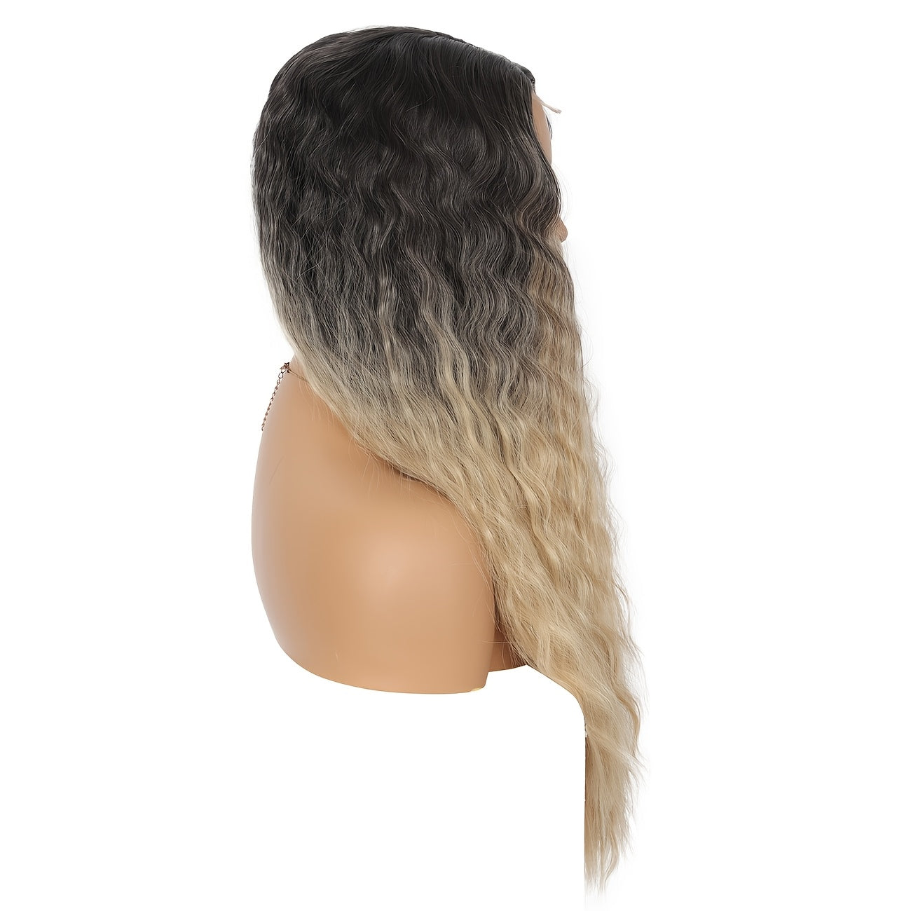 28" Long Water Wave Wig with Milk Grey & Natural Black Ombre - High-Density Synthetic Hair, Lace Front Design