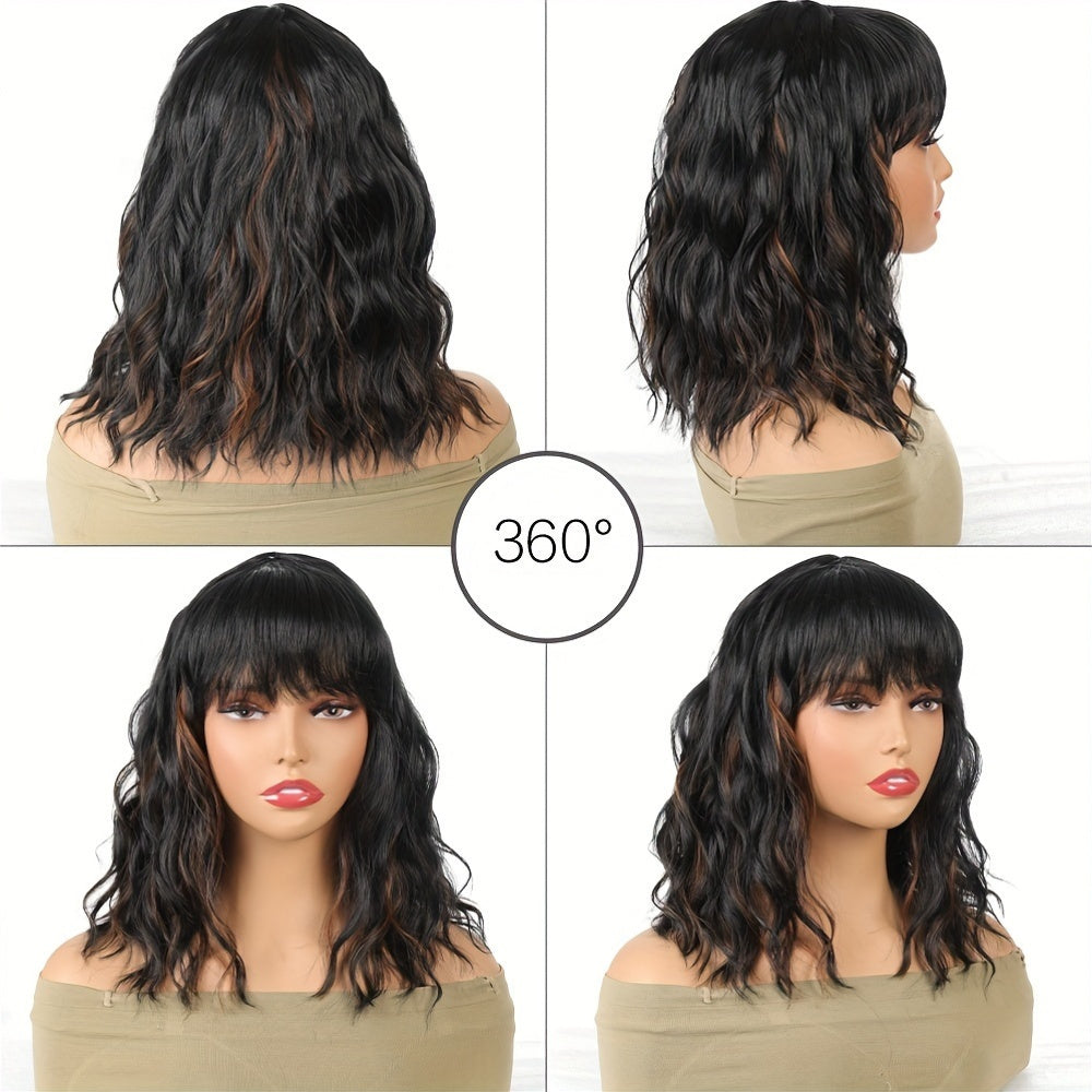 Short Curly Bob Cut Synthetic Wig with Bangs for Women, Elegant Water Wave Style, High Temperature Fiber, 130% Density, Heat Resistant, Rose Net Cap, Combs and Adjustable Straps for Africans