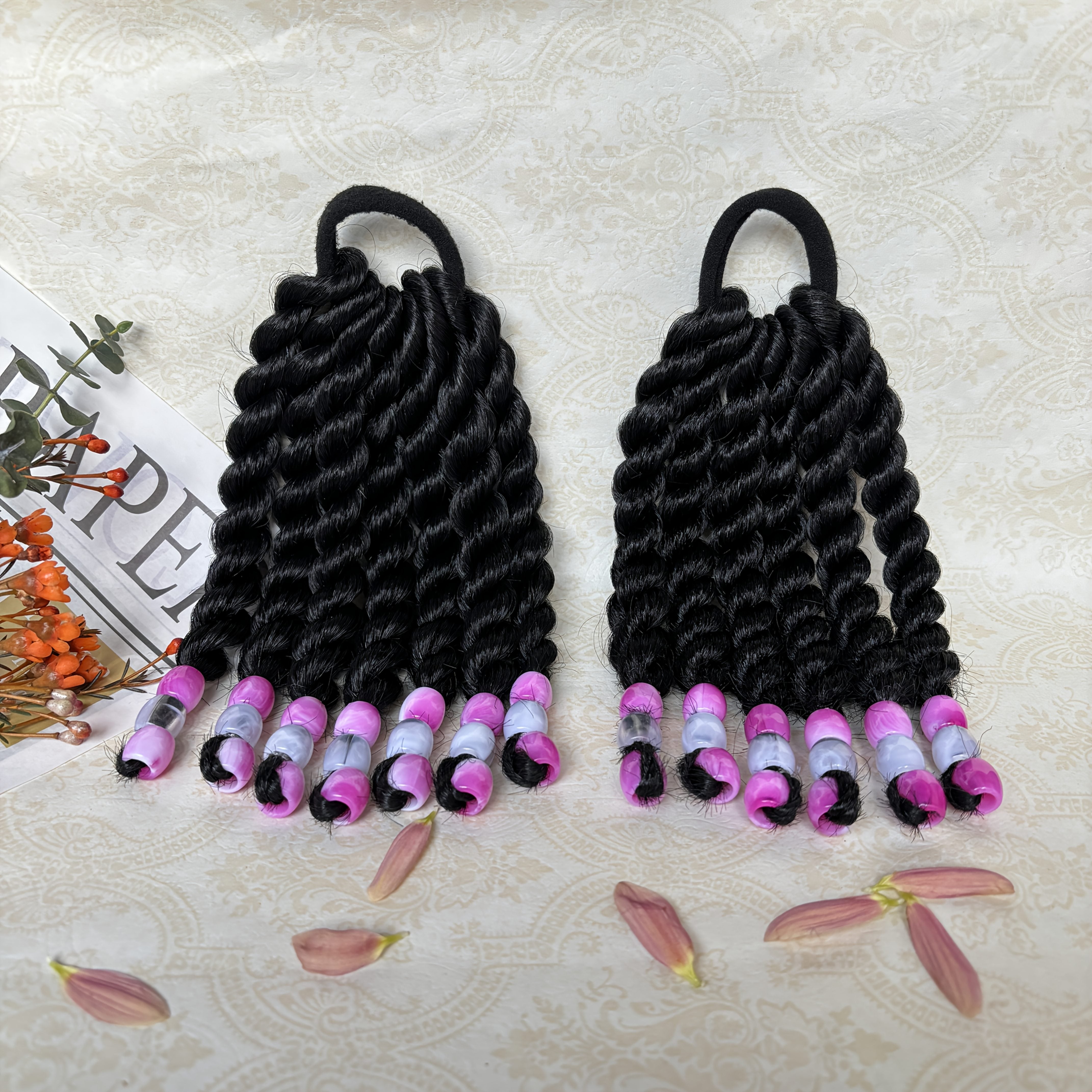 2pcs Set, 6-Inch Fluffy Short Ponytail Hair Extensions with Colorful Beads - Loose Curly Style, Heat-Resistant Synthetic Fiber