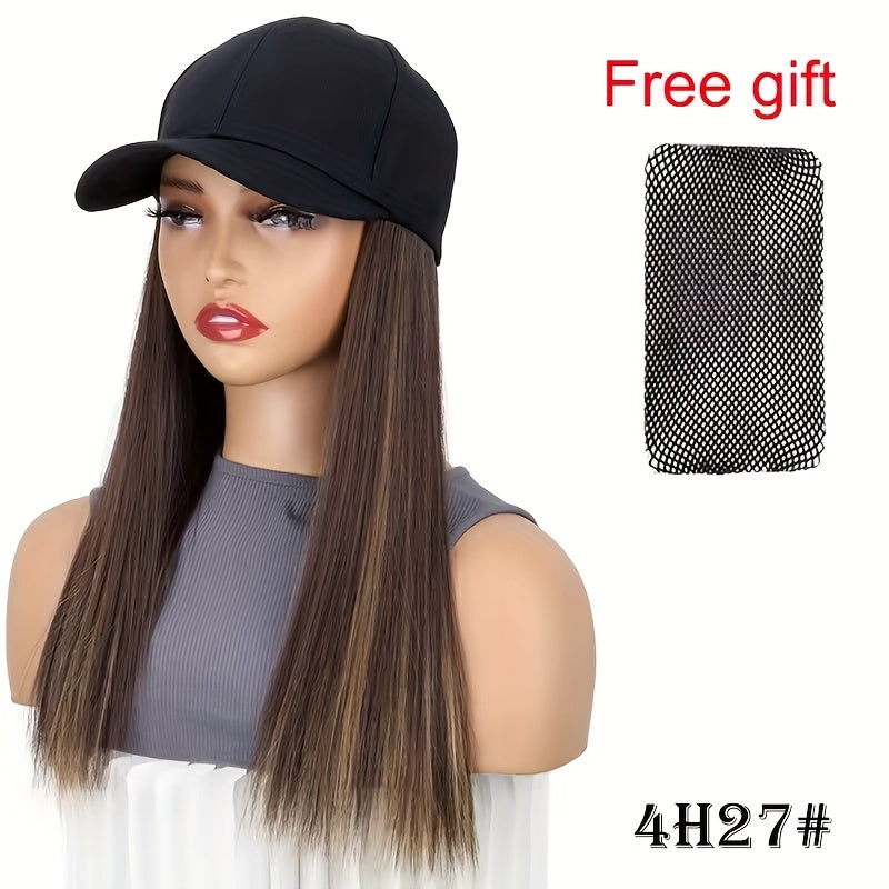 A Women'S Cross-Border Wig Baseball Cap Featuring Long Straight Hair Made of High-Temperature Synthetic Fibers, Available in Multiple Colors. This Wig Is Suitable for Outdoor Activities And Everyday Wear.