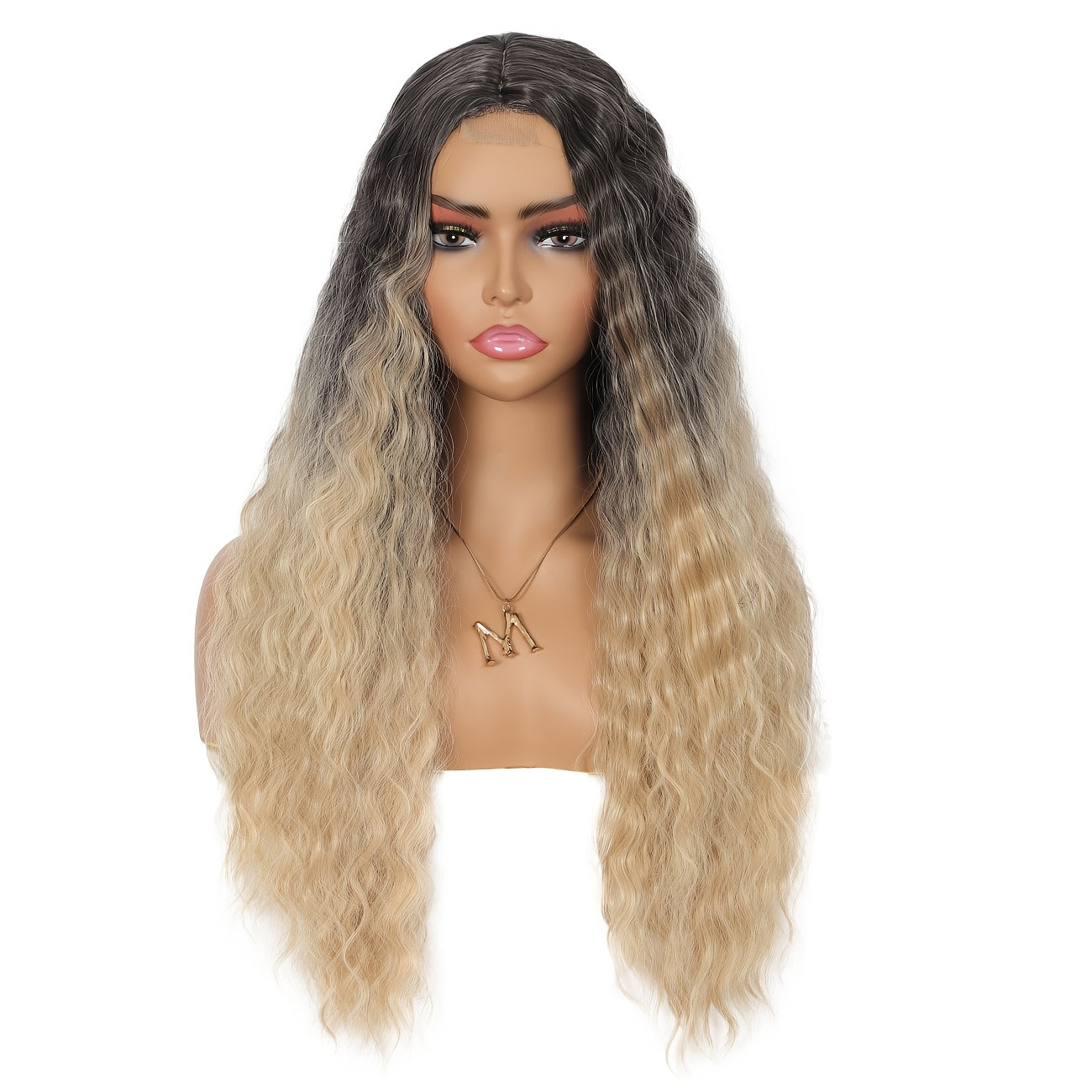 28" Long Water Wave Wig with Milk Grey & Natural Black Ombre - High-Density Synthetic Hair, Lace Front Design